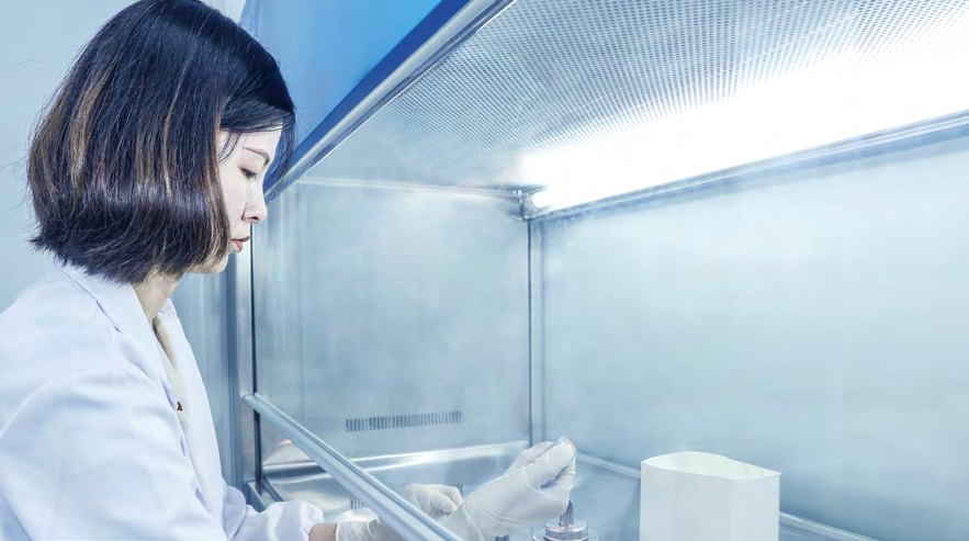 Researcher working in a clean bench (photo)